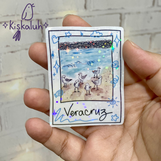 Gaviotas en la playa de veracruz, Sticker vinil 7cm, Calcomanía pegatina