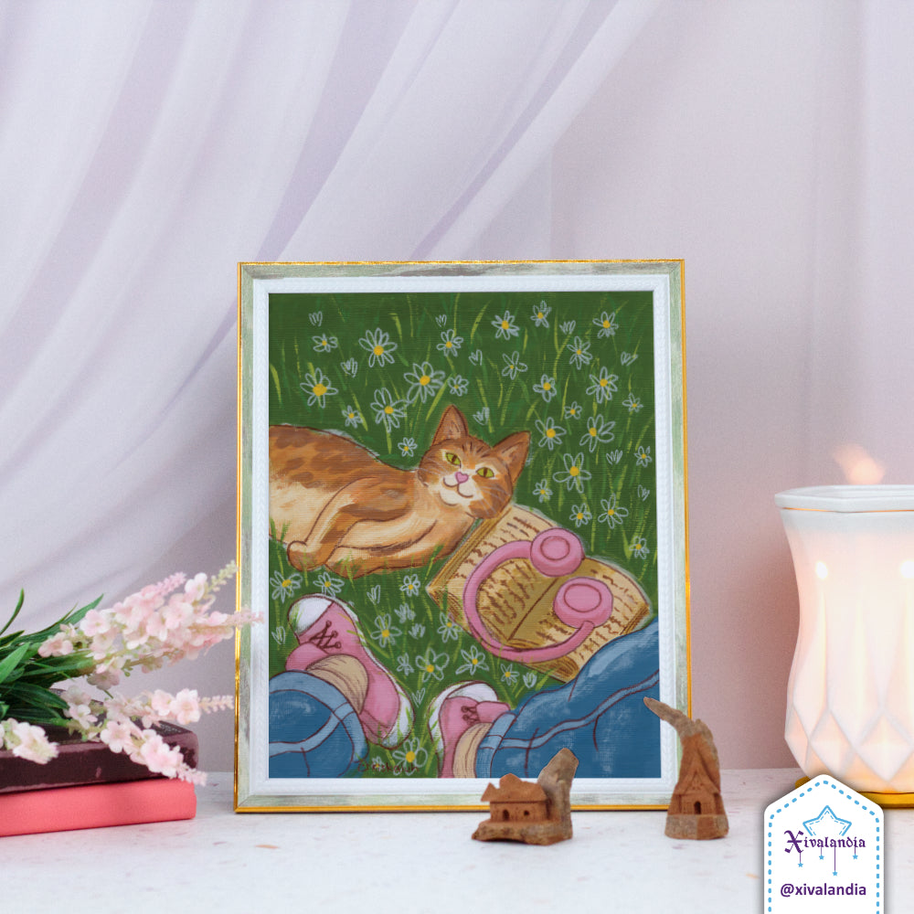 Original painting Orange Cat Among Flowers and Books - Hand Painted Art 20 x 25 cm / 8x10 in.