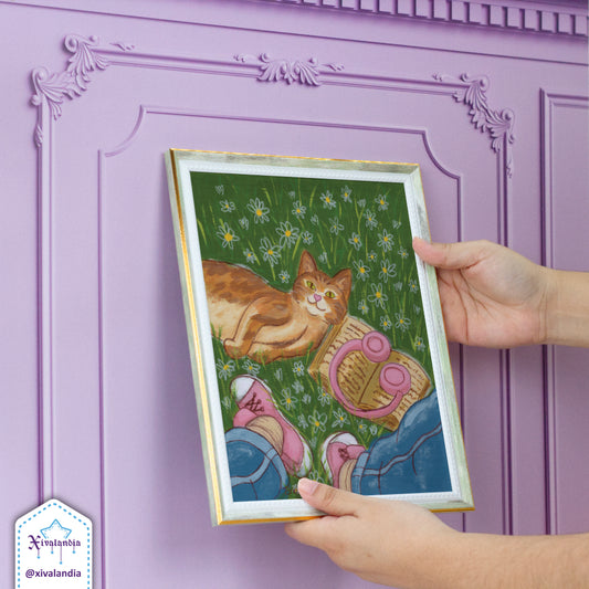 Pintura Original Gato naranja entre flores y libros - Arte Pintado a mano 20 x 25 cm / 8x10 pulg.