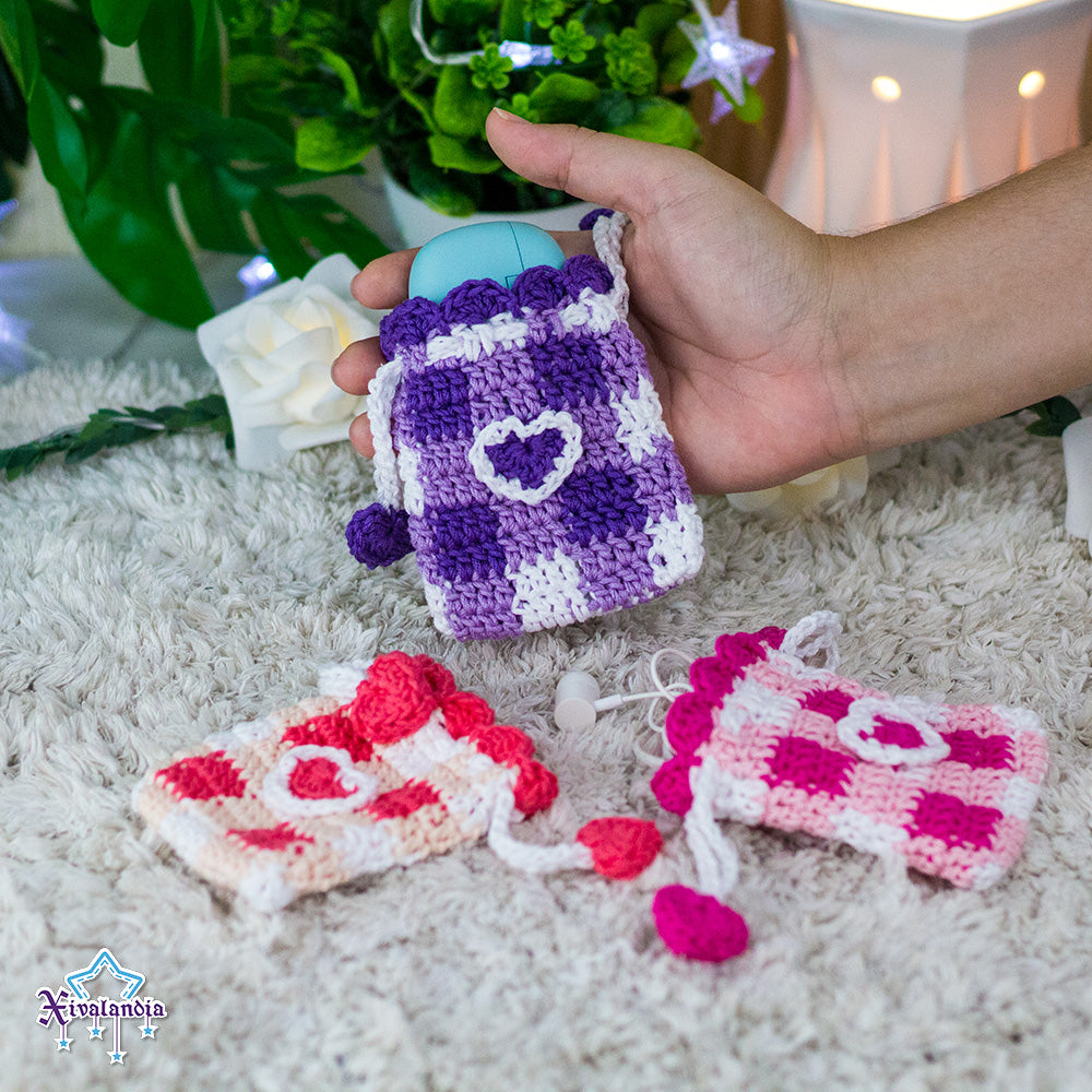 Mini bolsa tejida con cordón, diseño a cuadros, funda para audífonos, 8 x 9 cm