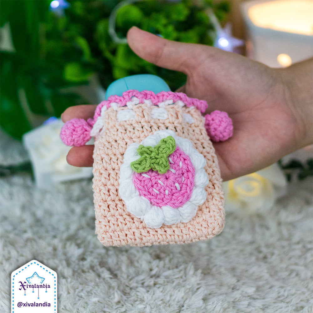Mini bolsa tejida con cordón, Fresa con crema, funda para audífonos, 8 x 9 cm