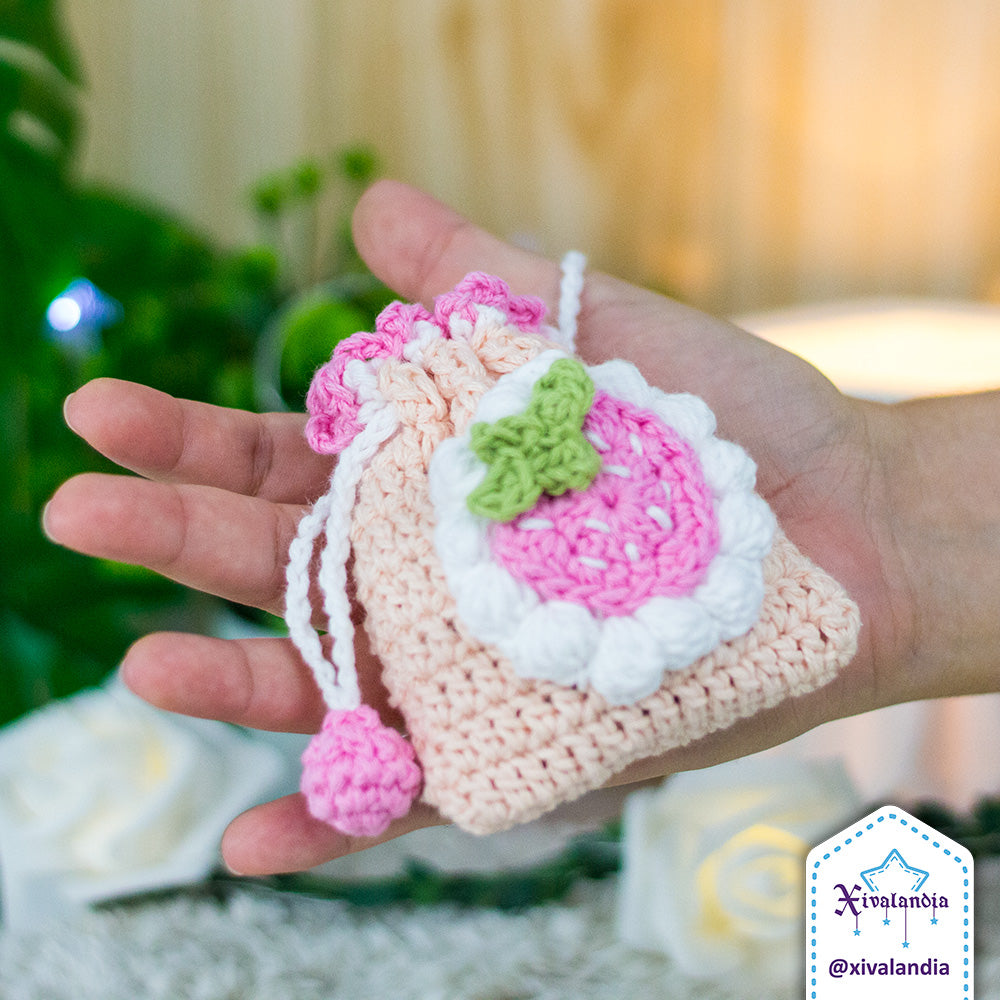 Mini bolsa tejida con cordón, Fresa con crema, funda para audífonos, 8 x 9 cm