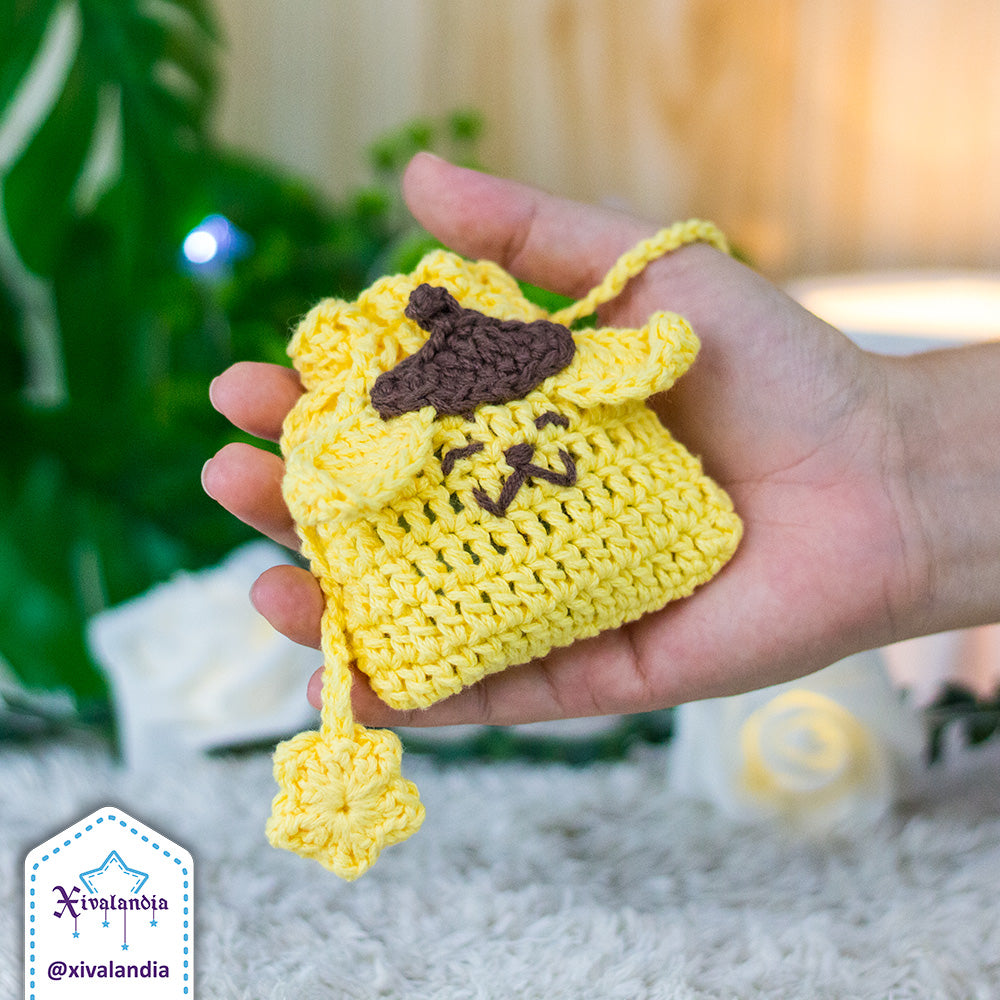 Mini bolsa tejida con cordón, Perrito amarillo pompom, funda para audífonos, 8 x 9 cm