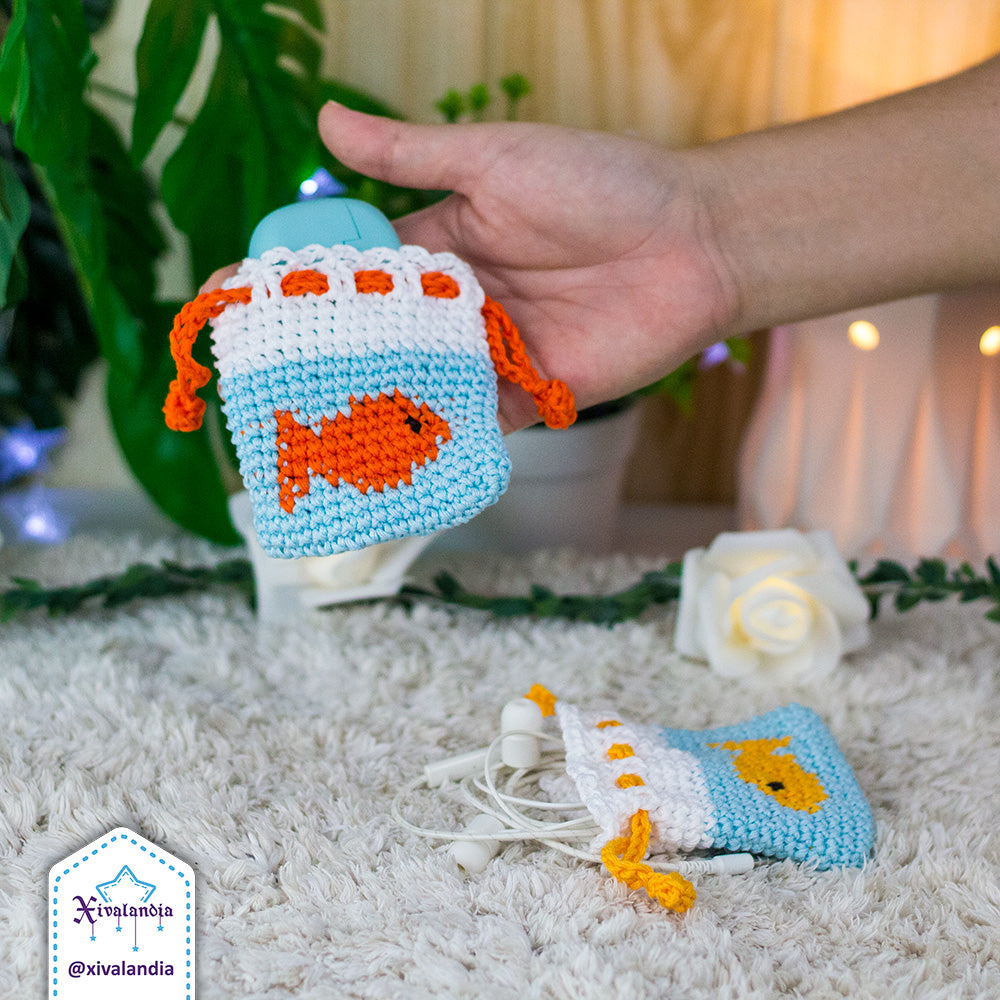 Crochet drawstring pouch, goldfish in a bag - earphones mini bag, case 3"x3.5"in/8x9cm