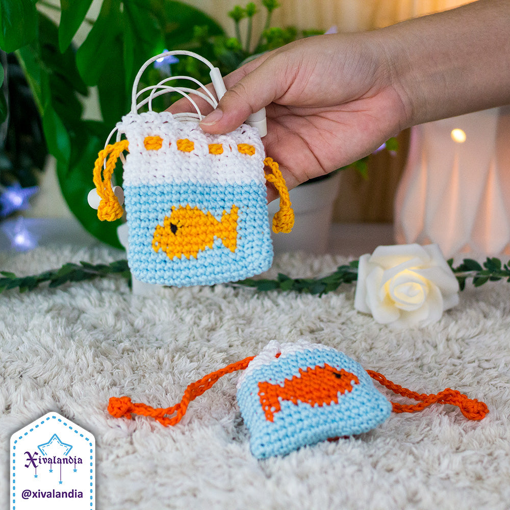 Crochet drawstring pouch, goldfish in a bag - earphones mini bag, case 3"x3.5"in/8x9cm