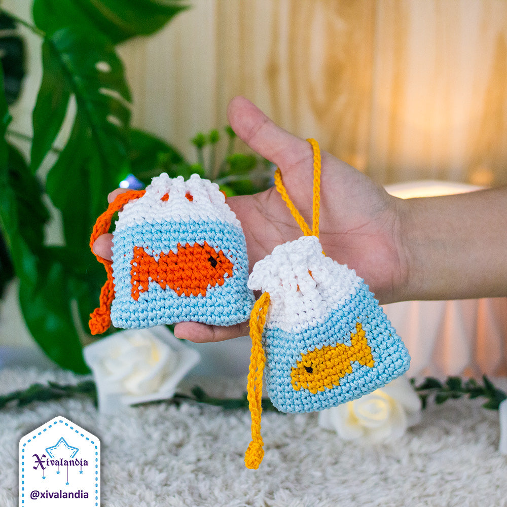 Crochet drawstring pouch, goldfish in a bag - earphones mini bag, case 3"x3.5"in/8x9cm