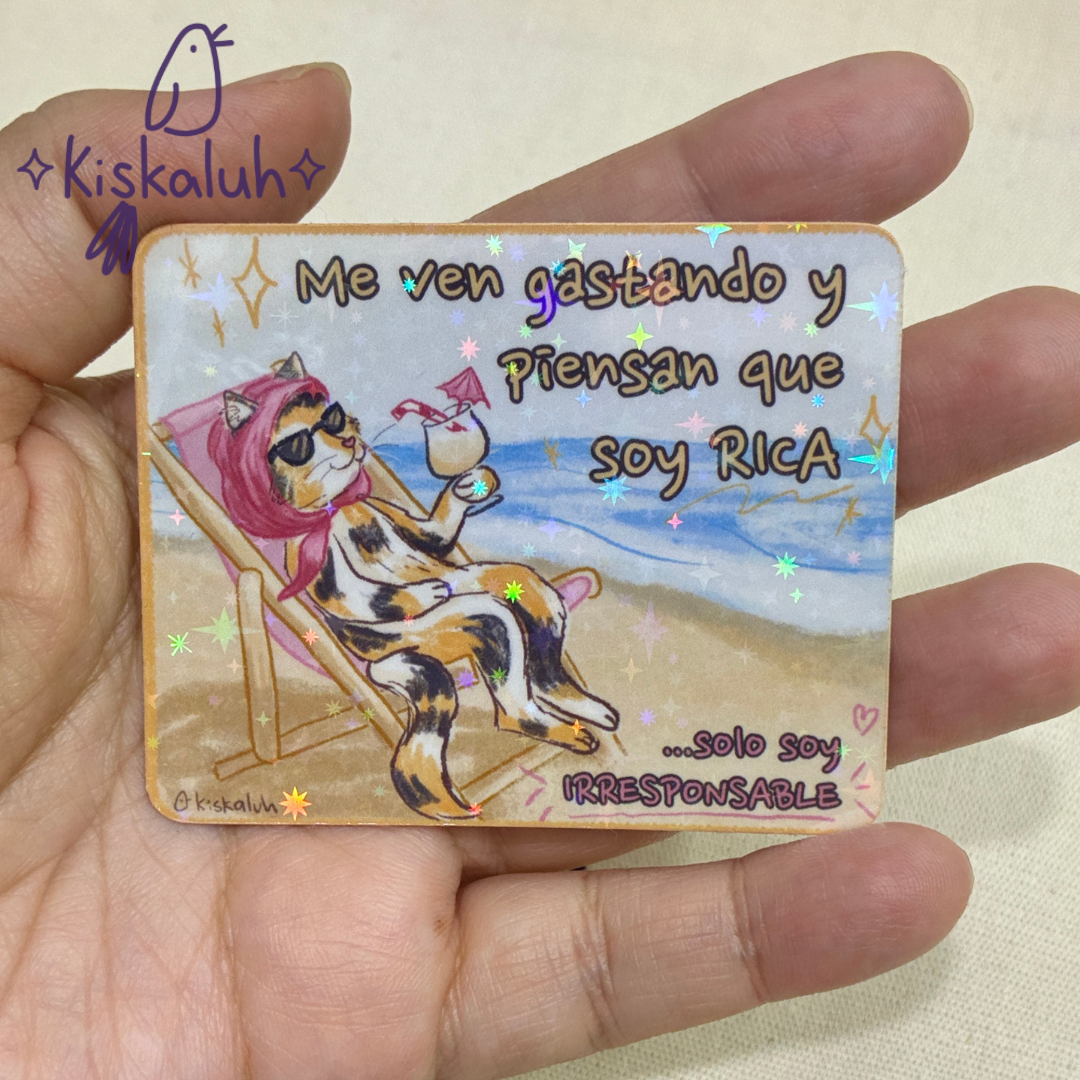 Gato irresponsable, en la playa, Sticker vinil 7cm, Calcomanía pegatina