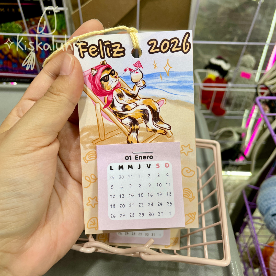 Mini calendario 2026, gato en la playa 7x12cm / 2.7x4.7 pulg., decoración para pared