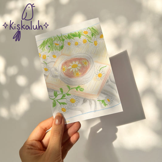 Café, un buen libro y margaritas - Print Postal A6 / 10x15cm / 4x6 pulg.