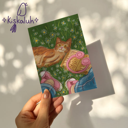 Print Gato naranja entre flores y libros, Print postal 4x6 pulg./ 10x15cm