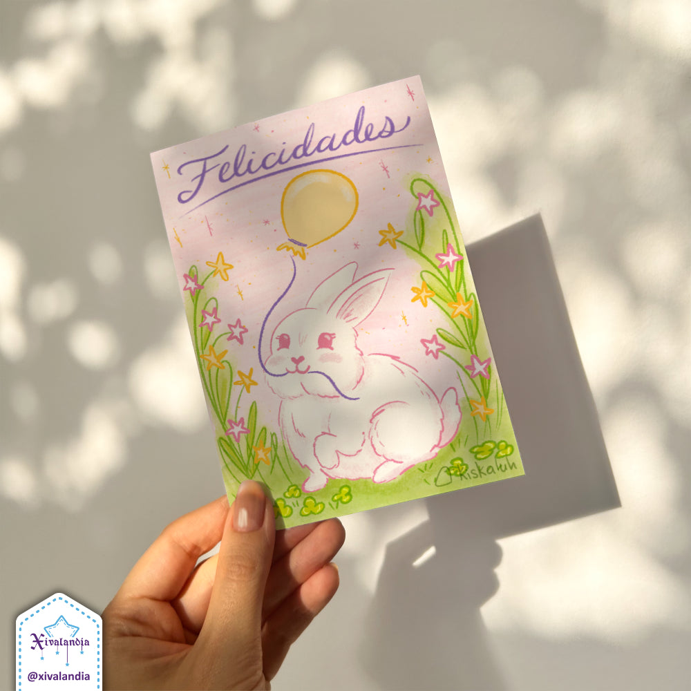 "Felicidades" Rabbit with Balloon - Greeting Card - 10x15cm / 4x6in PP032