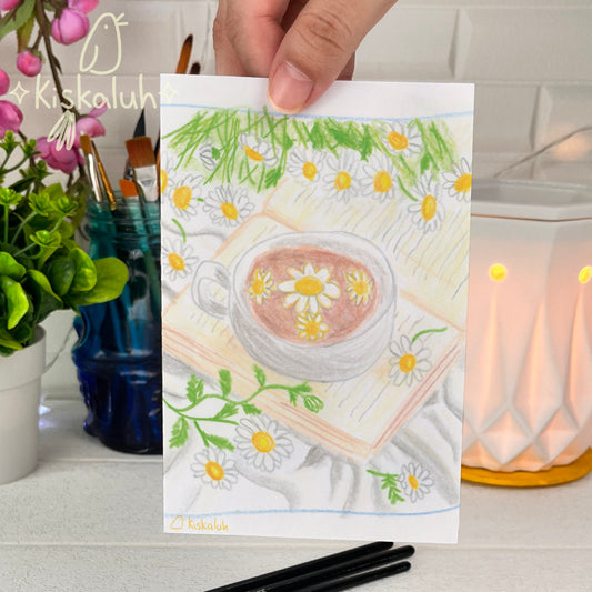 Café, un buen libro y margaritas - Tarjeta de felicitación - 10x15cm / 4x6 pulg.