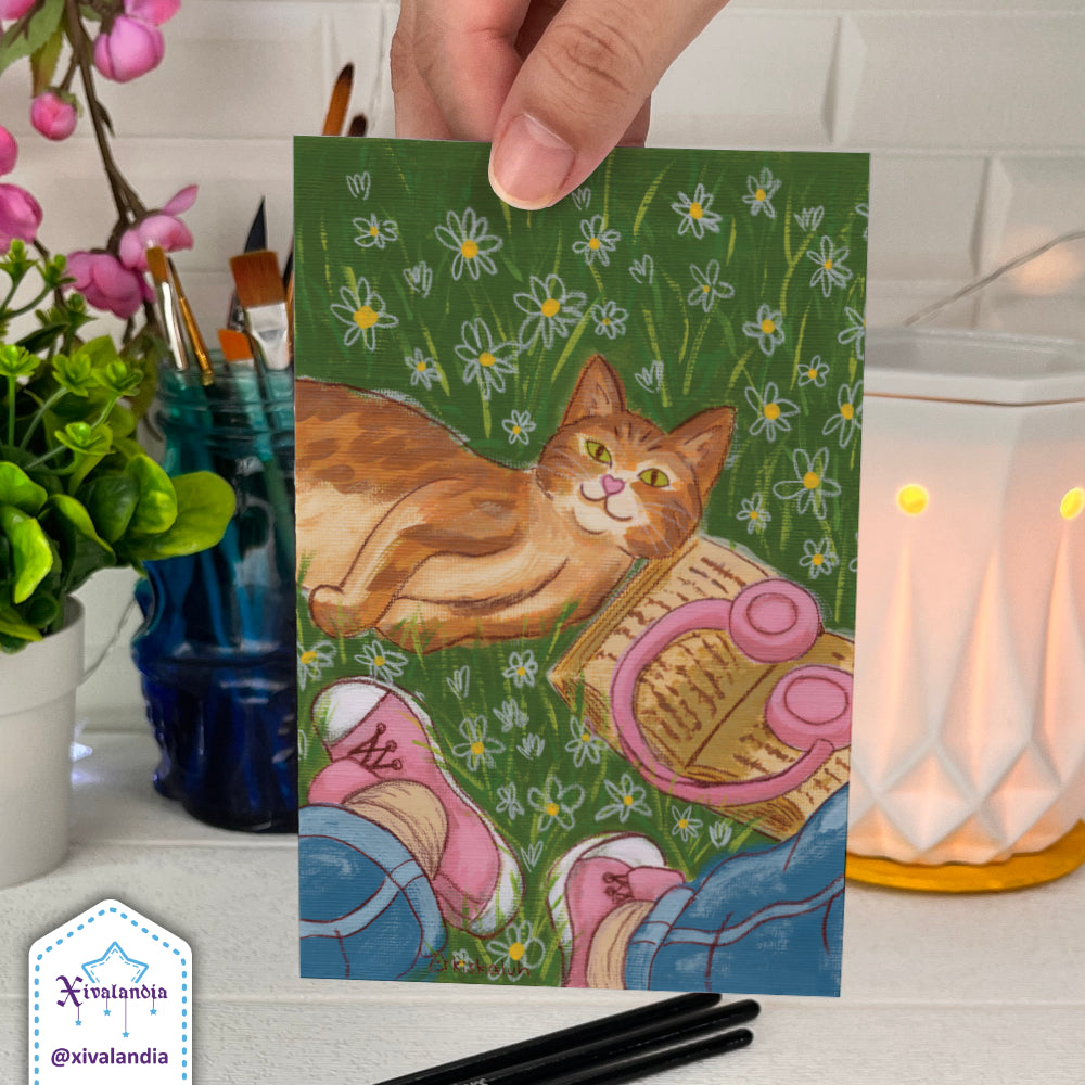 Print Gato naranja entre flores y libros, 4x6 pulg./ 8x10 pulg