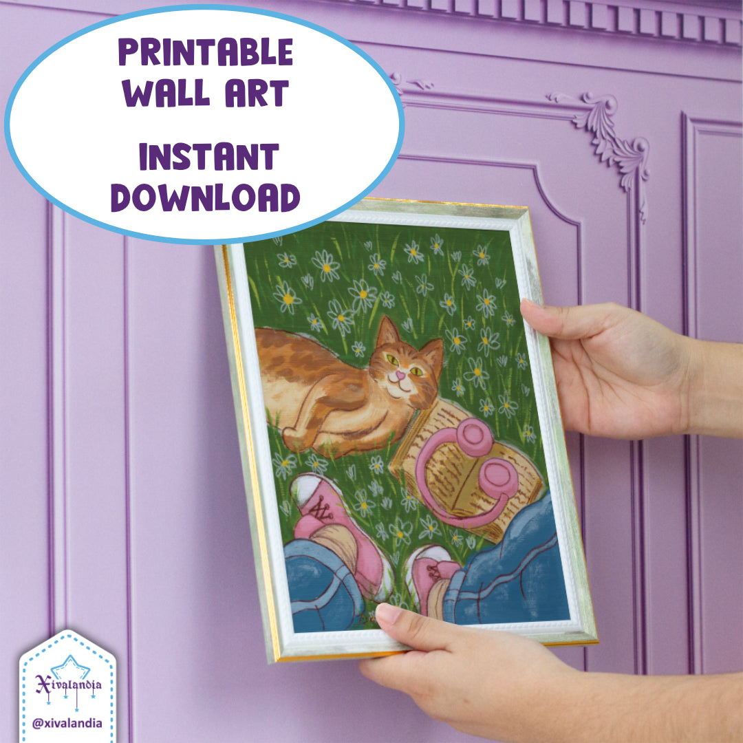 Póster Imprimible Gato naranja entre flores y libros, ilustración digital decorativa