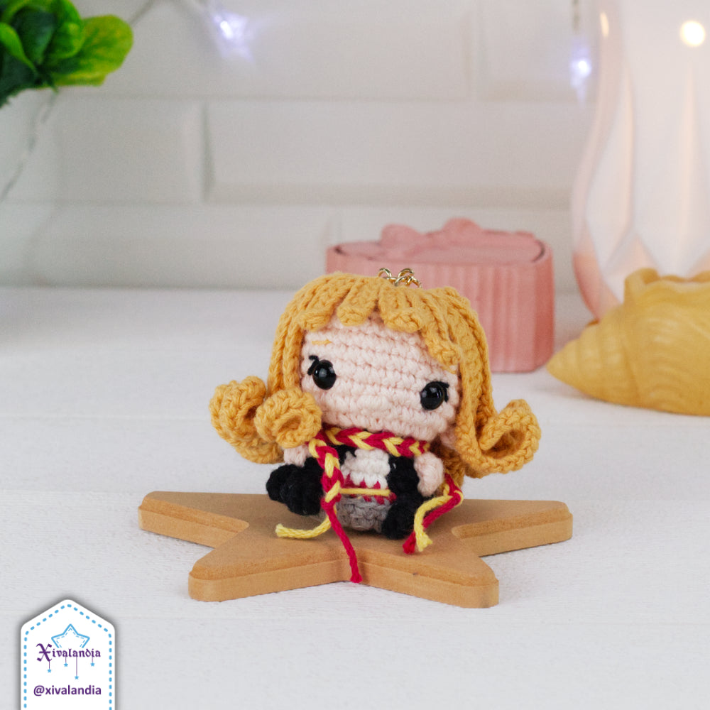 Llavero Hermione de peluche, HP hechicera, 7cm/2.5 pulg, tejido crochet artesanal, amigurumi