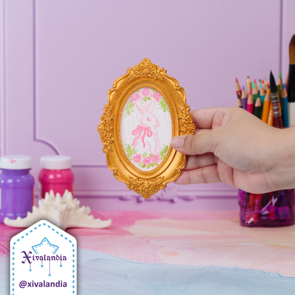 Mini Coquette Painting, Bunny with Bow in Oval Frame, Hand-Painted Art, 14.5x10cm / 5.5x4in