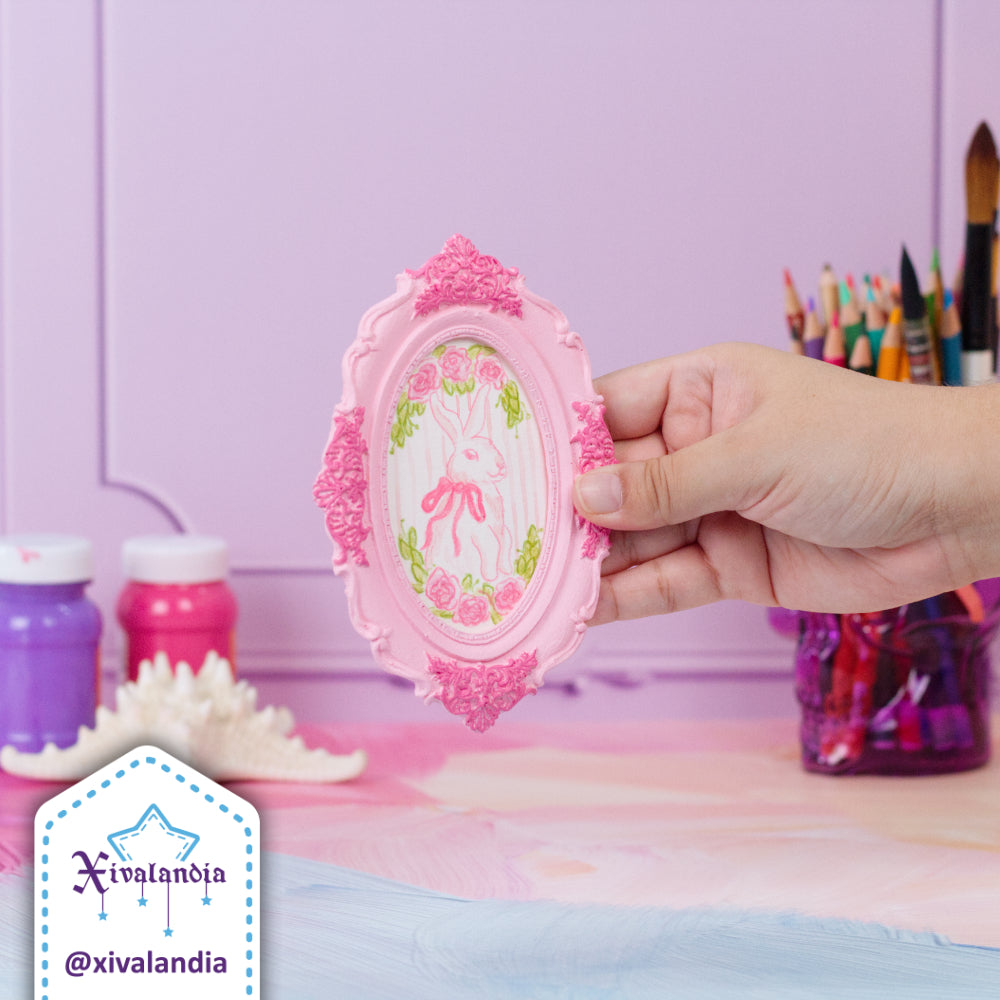 Mini Coquette Painting, Bunny with Bow in Oval Frame, Hand-Painted Art, 14.5x10cm / 5.5x4in