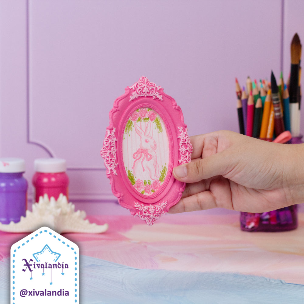 Mini Coquette Painting, Bunny with Bow in Oval Frame, Hand-Painted Art, 14.5x10cm / 5.5x4in