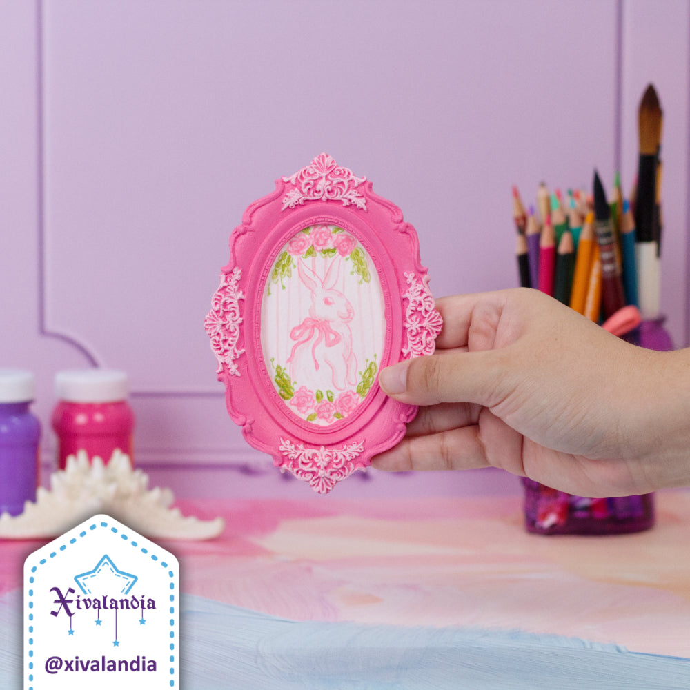 Mini Coquette Painting, Bunny with Bow in Oval Frame, Hand-Painted Art, 14.5x10cm / 5.5x4in