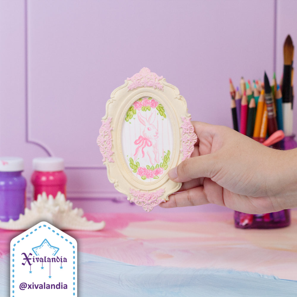 Mini Coquette Painting, Bunny with Bow in Oval Frame, Hand-Painted Art, 14.5x10cm / 5.5x4in