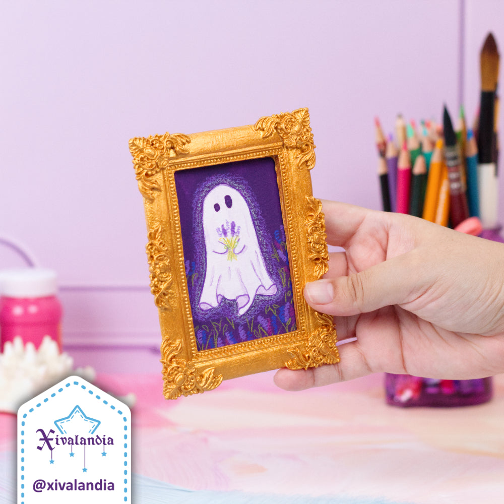 Cuadro mini, Fantasma con lavandas en campo nocturno, arte pintado a mano, 12x9cm / 5x3.5 in