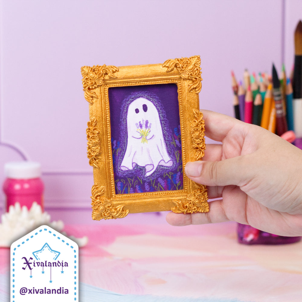 Cuadro mini, Fantasma con lavandas en campo nocturno, arte pintado a mano, 12x9cm / 5x3.5 in