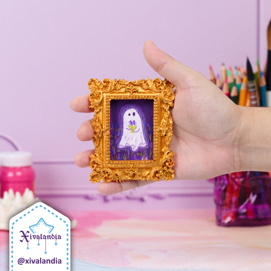Cuadro mini, Fantasma con lavandas en campo nocturno, arte pintado a mano, 9x7.5cm / 3.5x3 in