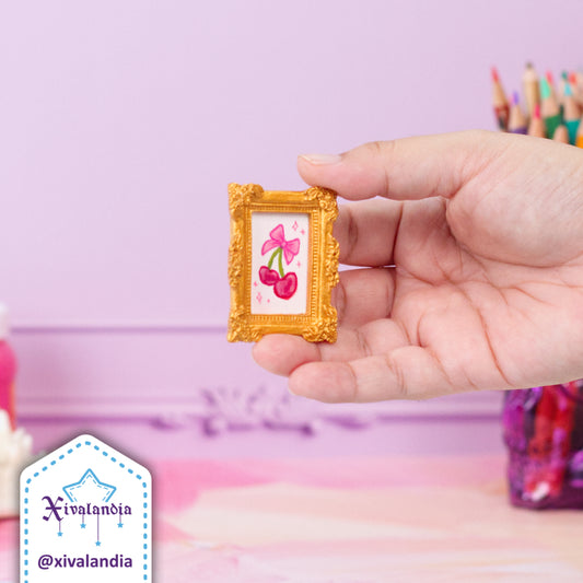 Cuadro mini coquette, Cerezas con moño, arte pintado a mano, 4.5x3.5 cm / 2x1.5 in