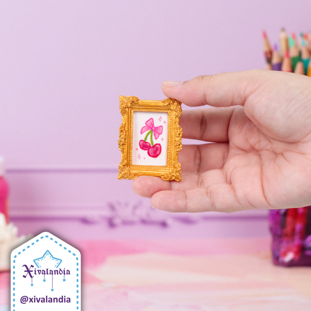 Tiny Coquette Painting, Cherries with Bow, Hand-Painted Art, 4.5x3.5 cm / 2x1.5 in