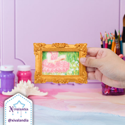 Cuadro mini, Leyendo en el campo con vestido rosa, arte pintado a mano, 12x9cm / 5x3.5 in