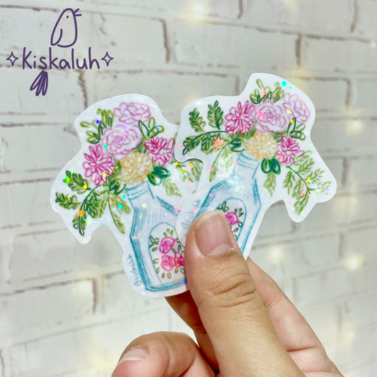 Jarrón azul flores rosas, Sticker vinil 7cm, Calcomanía pegatina