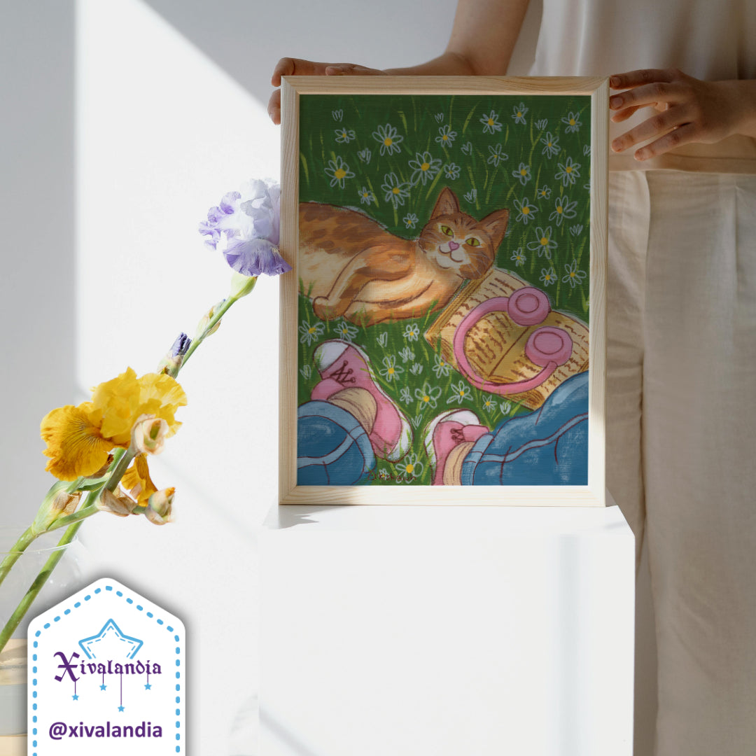 Póster Imprimible Gato naranja entre flores y libros, ilustración digital decorativa