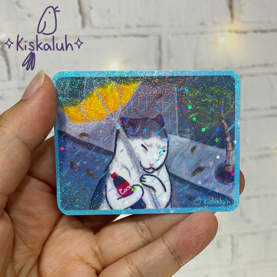 Gato y su coquita, Sticker vinil 7cm, Calcomanía pegatina