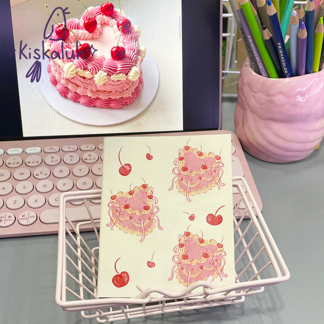 Pastel vintage con cerezas, Libreta de bolsillo artesanal, 10x12 cm /3.9x4.7 in