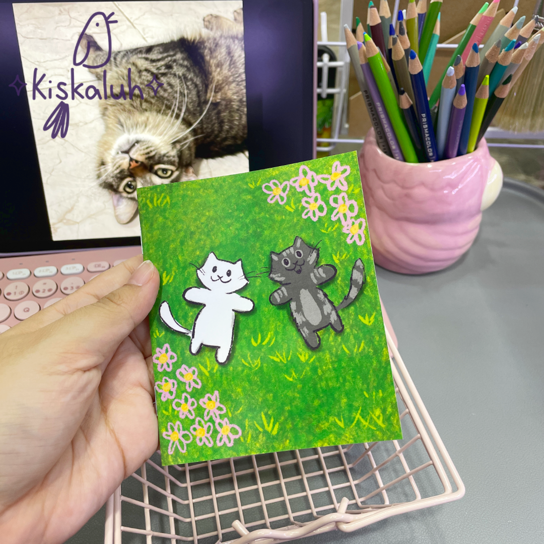 Gatos en el pasto, Libreta de bolsillo artesanal, 10x12 cm /3.9x4.7 in