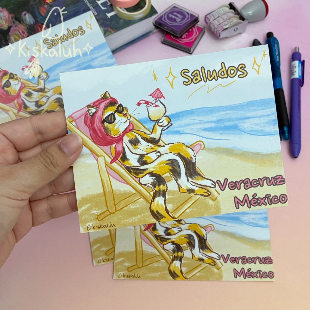 Gato relajado en la playa de Veracruz, Postal ilustrada 4.25 × 5.5 pulg