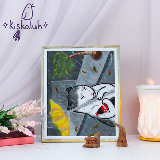 Gato y su coquita, con marco, 20 x 25 cm / 8x10 pulg.