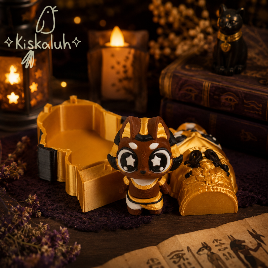 Anubis kawaii con sarcófago articulado 3D