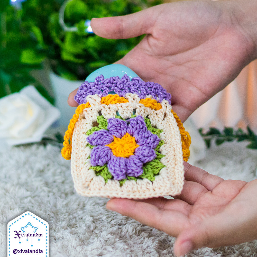 Crochet drawstring pouch, granny flower design - earphones mini bag, case 3"x3.5"in/8x9cm