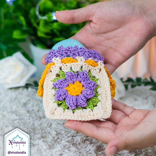 Crochet drawstring pouch, granny flower design - earphones mini bag, case 3"x3.5"in/8x9cm
