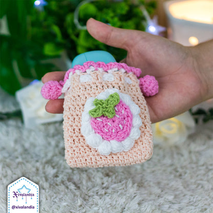 Mini bolsa tejida con cordón, Fresa con crema, funda para audífonos, 8 x 9 cm