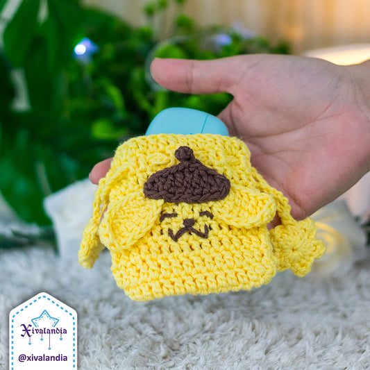 Crochet drawstring pouch, pompom yellow dog - earphones mini bag, case 3"x3.5"in/8x9cm