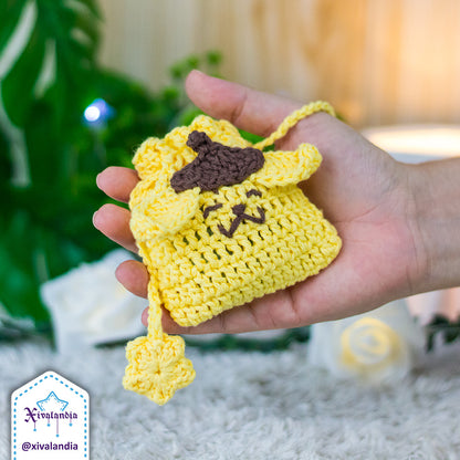 Mini bolsa tejida con cordón, Perrito amarillo pompom, funda para audífonos, 8 x 9 cm