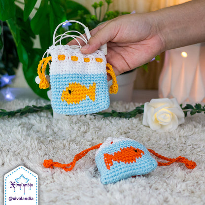 Crochet drawstring pouch, goldfish in a bag - earphones mini bag, case 3"x3.5"in/8x9cm