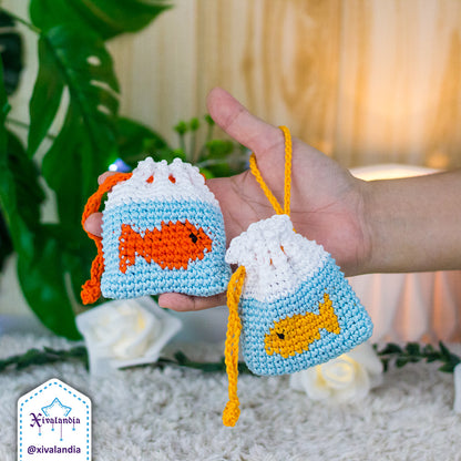 Crochet drawstring pouch, goldfish in a bag - earphones mini bag, case 3"x3.5"in/8x9cm