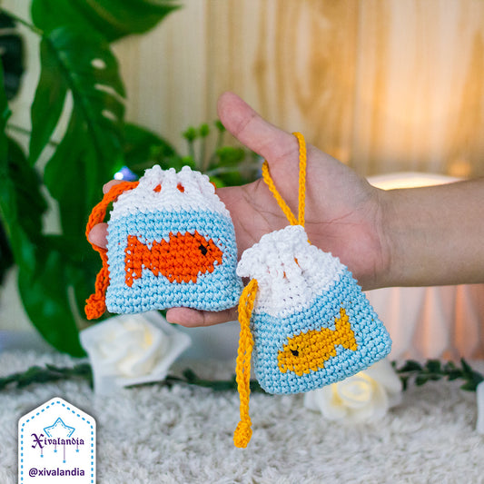 Crochet drawstring pouch, goldfish in a bag - earphones mini bag, case 3"x3.5"in/8x9cm