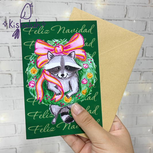 Mapache en corona navideña - Tarjeta de felicitación - 10x15cm / 4x6 pulg.  Feliz Navidad