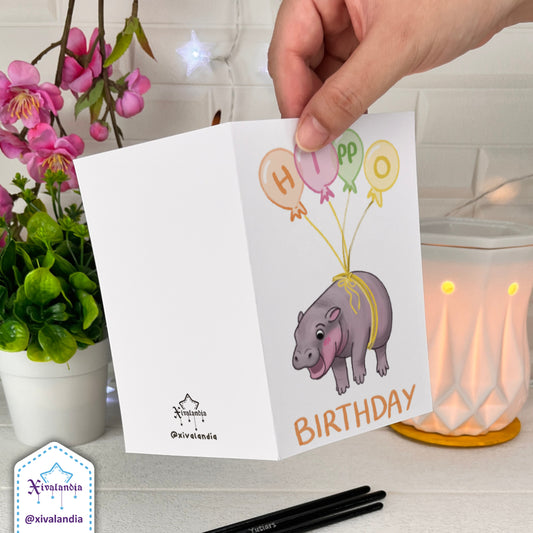 Hippo Birthday, Printable Greeting Card PDF JPEG - A6/ 10x15cm / 4x6 in., Moo Deng, HBD Illustration