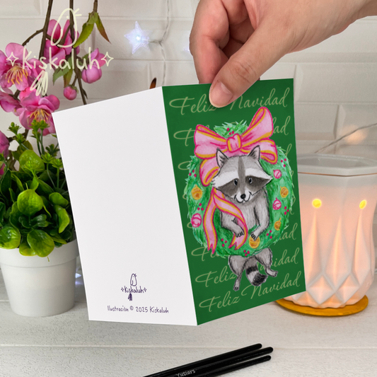 Mapache en corona navideña - Tarjeta de felicitación - 10x15cm / 4x6 pulg.  Feliz Navidad