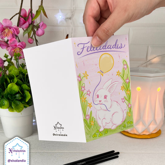 "Felicidades" Rabbit with Balloon - Greeting Card - 10x15cm / 4x6in PP032